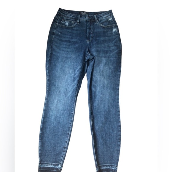 Judy Blue Denim Stretch Blue Jean 14W Skinny Fit High Waisted Raw Hem Distress - Picture 3 of 6